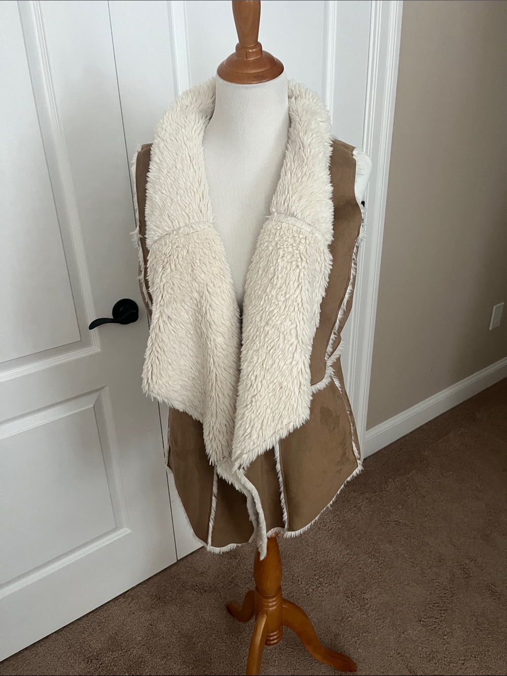 Faux Shearling Draped Vest - Cream & Tan